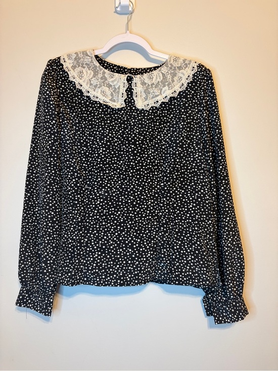 Lady Carol Tops - Black Polka Dot Long-Sleeve Blouse with Lace Collar